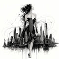 Raven Chignon, Skyline Muse, NYC skyline fashion line art print by Daisy Junction