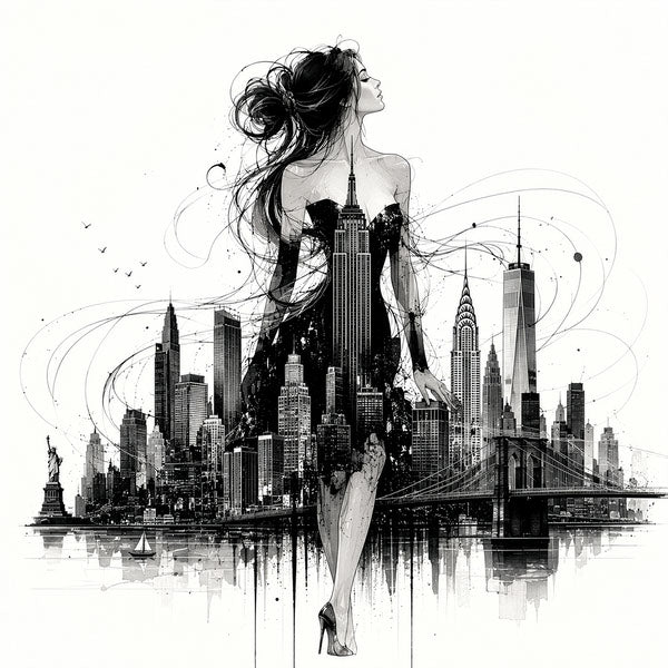 Raven Chignon, Skyline Muse, NYC skyline fashion line art print by Daisy Junction