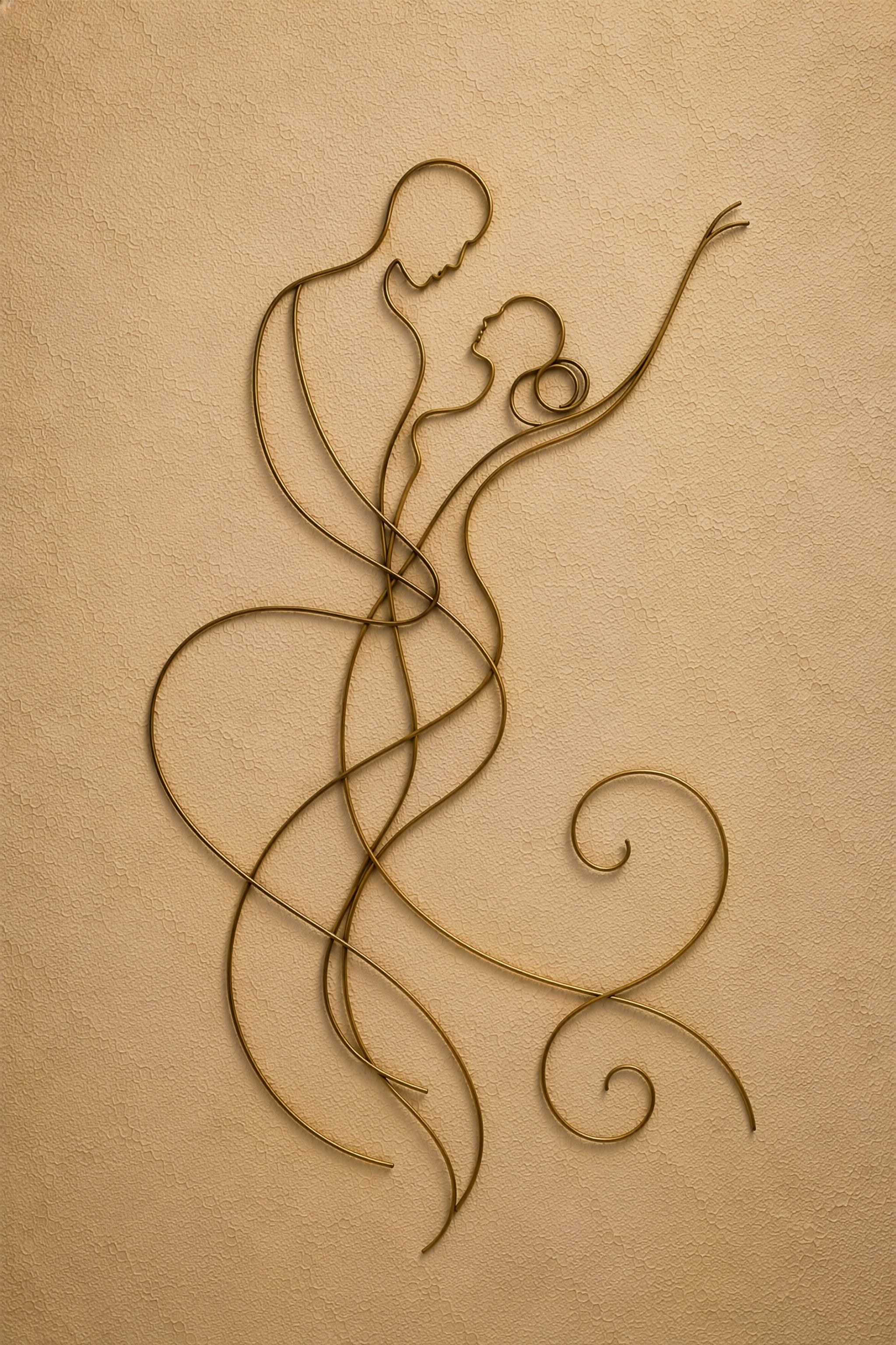 The Approach, dancing couple wire figure fine art print, The Golden Embrace