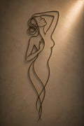 Reverie, solo wire figure wall art, hand at collarbone