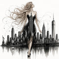 Flowing Blonde, Skyline Muse, NYC skyline fashion line art print by Daisy Junction