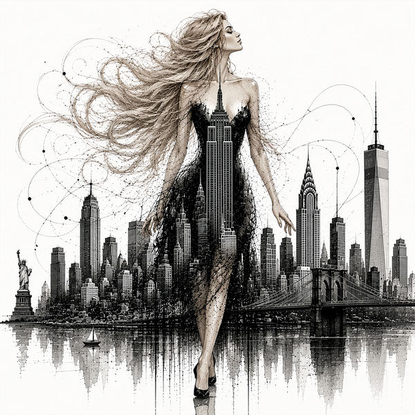 Flowing Blonde, Skyline Muse, NYC skyline fashion line art print by Daisy Junction