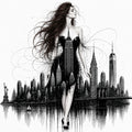 Brunette Muse, Skyline Muse, NYC skyline fashion line art print by Daisy Junction