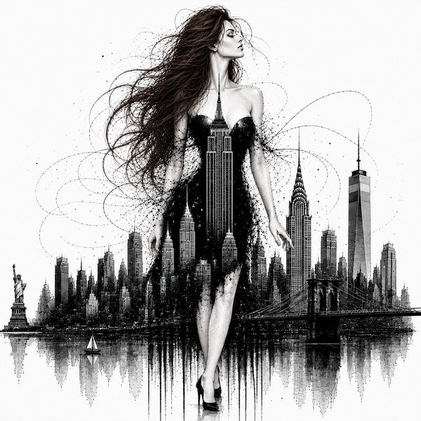 Brunette Muse, Skyline Muse, NYC skyline fashion line art print by Daisy Junction