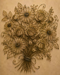 Full Bloom, wire flower bouquet fine art print, dense circular arrangement