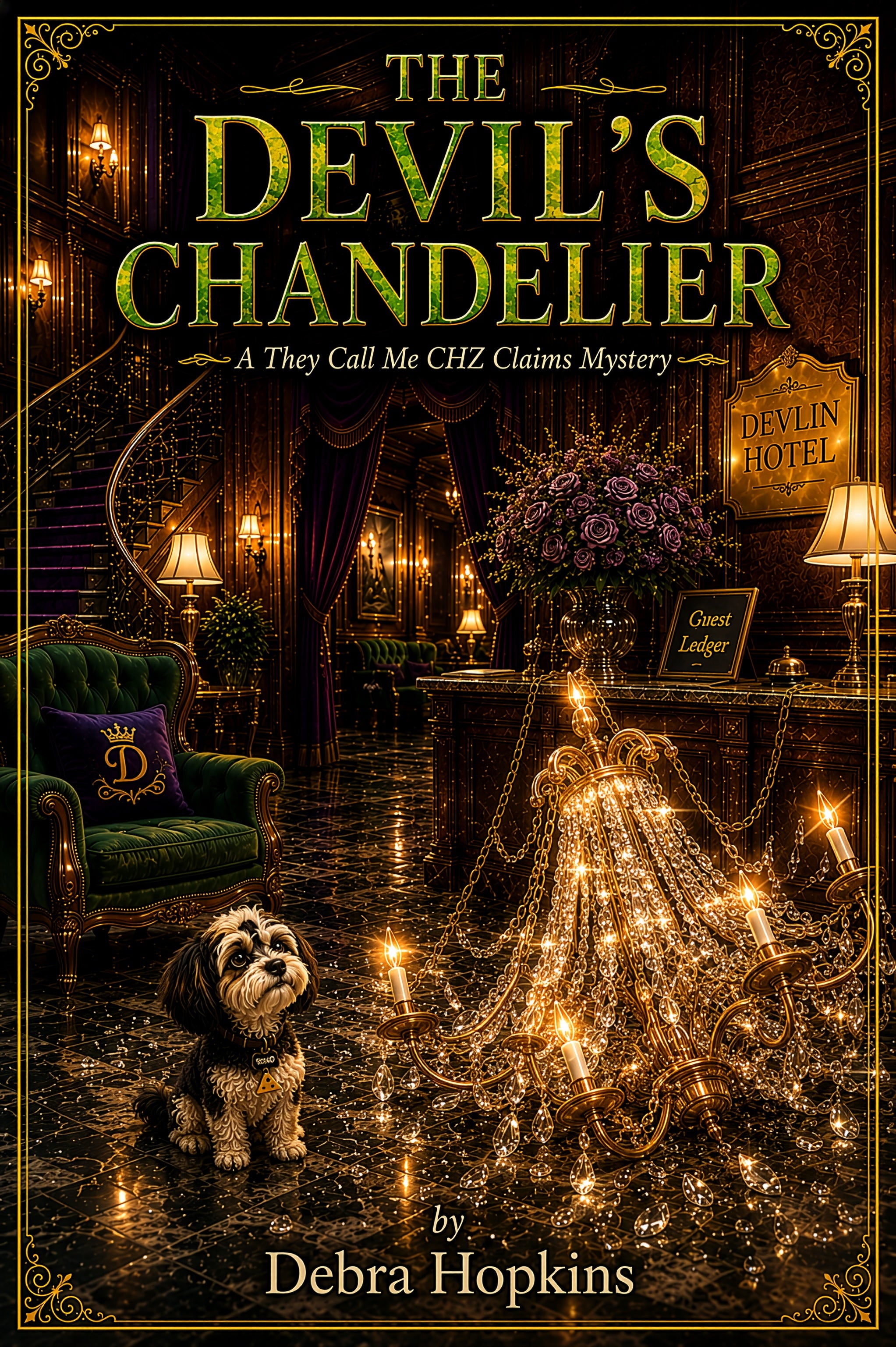 The Devil's Chandelier, A They Call Me CHZ Claims Mystery, book cover by Debra Hopkins